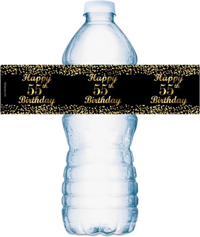 55TH BIRTHDAY BLACK WATER BOTTLE LABELS SET OF 25 WATERPROOF WATER BOTTLE WRAPPERS GOLD AND BLACK STICKERS HAPPY BIRTHDAY LABELS MADE IN USA