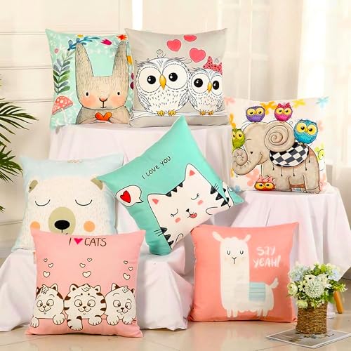 Urvaan Cartoon Animal Printed Velvet Cushion Covers, 16 X 16 Inch, Set of 7, Multicolour - Image 1