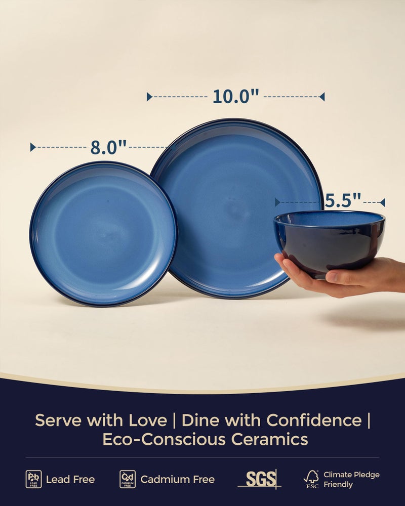 Pokini Blue Stoneware Dinnerware Set, 12 pcs Reactive Glaze Plates and Bowls Sets, Handmade Round Dishes Set for 4, Highly Chip and Crack Resistant Modern Plate Set - Image 2