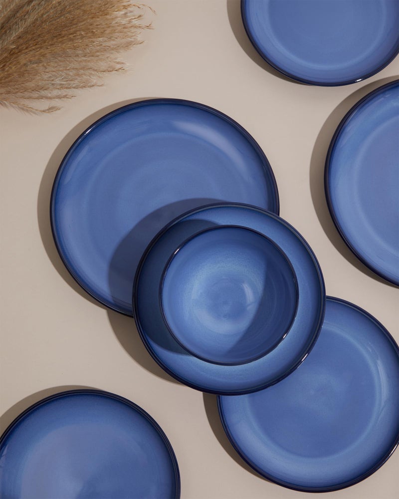Pokini Blue Stoneware Dinnerware Set, 12 pcs Reactive Glaze Plates and Bowls Sets, Handmade Round Dishes Set for 4, Highly Chip and Crack Resistant Modern Plate Set - Image 4