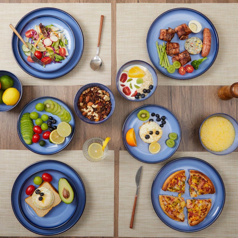 Pokini Blue Stoneware Dinnerware Set, 12 pcs Reactive Glaze Plates and Bowls Sets, Handmade Round Dishes Set for 4, Highly Chip and Crack Resistant Modern Plate Set - Image 5