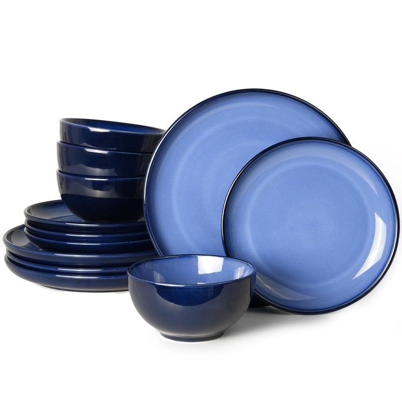 Pokini Blue Stoneware Dinnerware Set, 12 pcs Reactive Glaze Plates and Bowls Sets, Handmade Round Dishes Set for 4, Highly Chip and Crack Resistant Modern Plate Set - Image 1