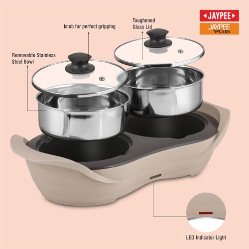 JAYPEE PLUS مجموعة طباخ كهربائي من ستانلس ستيل 1150 مل + 1150 مل من جايبي بلس | مقاوم للصدمات، مقاوم للصدأ | وعاء كهربائي 2 في 1 لتسخين الطعام وخدمة البوفيه - (بيج) - Image 4