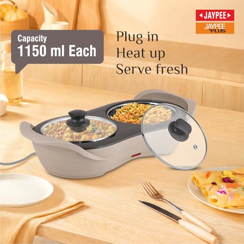 JAYPEE PLUS مجموعة طباخ كهربائي من ستانلس ستيل 1150 مل + 1150 مل من جايبي بلس | مقاوم للصدمات، مقاوم للصدأ | وعاء كهربائي 2 في 1 لتسخين الطعام وخدمة البوفيه - (بيج) - Image 2