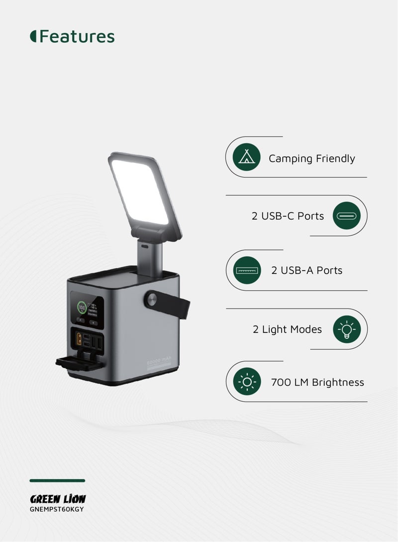 GREEN LION Energy Max Power Station 60000mah 230W with 2-Mode Light / Camping Friendly Energy Station with USB-C & USB-A Ports/ D140W Fast Charge / Solar Input Power Bank - Grey - Image 2