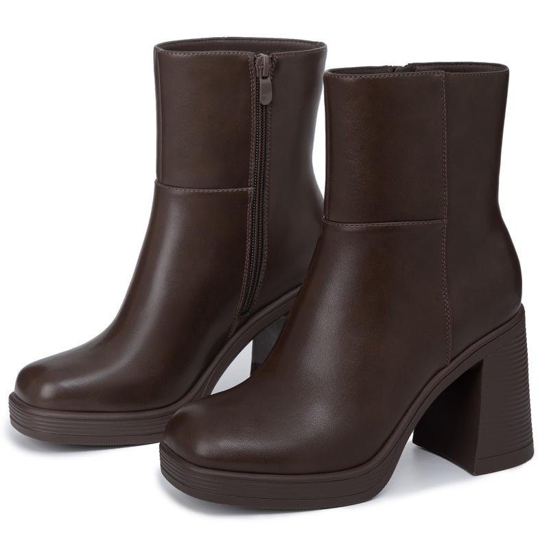 Athlefit Women's Platform Ankle Boots High Chunky Block Heel Brown Boots Fashion Square Toe Zipper Heeled Booties Size 7 - Image 5