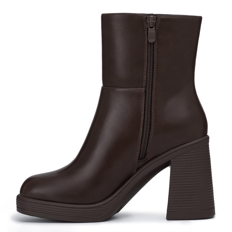 Athlefit Women's Platform Ankle Boots High Chunky Block Heel Brown Boots Fashion Square Toe Zipper Heeled Booties Size 7 - Image 3