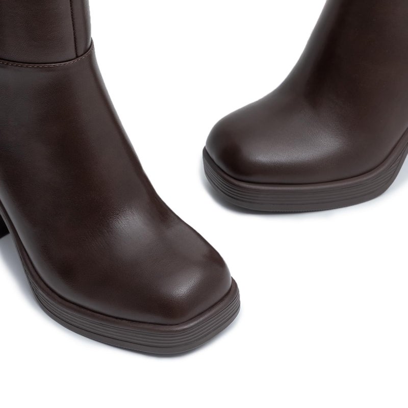 Athlefit Women's Platform Ankle Boots High Chunky Block Heel Brown Boots Fashion Square Toe Zipper Heeled Booties Size 7 - Image 4