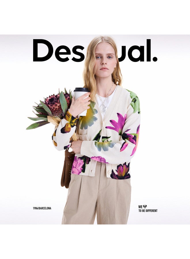 DESIGUAL Autumn And Winter Loose Digital Floral Print V-Neck Short Cardigan Women'S Outerwear - Image 4