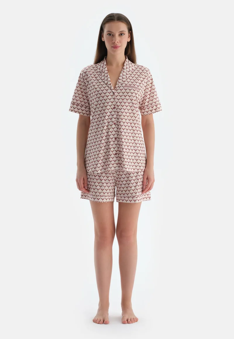dagi Geometric Mid Rise Pink Spread Collar Cotton Blend Shirt & Shorts Nightwear Set