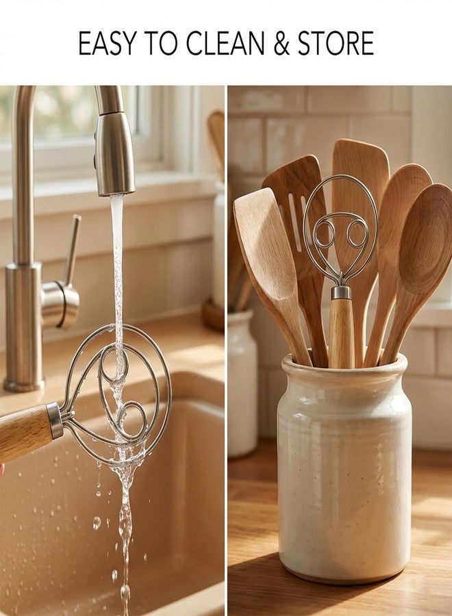 RWIXR Dough Whisk, Danish Dough Whisk for Sourdough & No-Knead Bread, Stainless Steel Mixing Whisk with Ergonomic Wooden Handle, Lightweight Hand Tool for High-Hydration Dough - Image 5