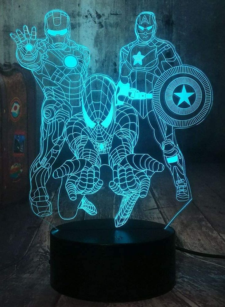althiqahkey The Avengers Marvel Comics Iron Man Spiderman Captain America 3D Optical Illusion LED Night Light Boy Kids Toy Baby Sleep Desk Lamp Bedroom Decor Birthday Valentine's Day Gift(The Avengers) - Image 1