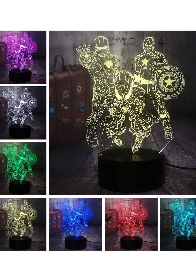althiqahkey The Avengers Marvel Comics Iron Man Spiderman Captain America 3D Optical Illusion LED Night Light Boy Kids Toy Baby Sleep Desk Lamp Bedroom Decor Birthday Valentine's Day Gift(The Avengers) - Image 2
