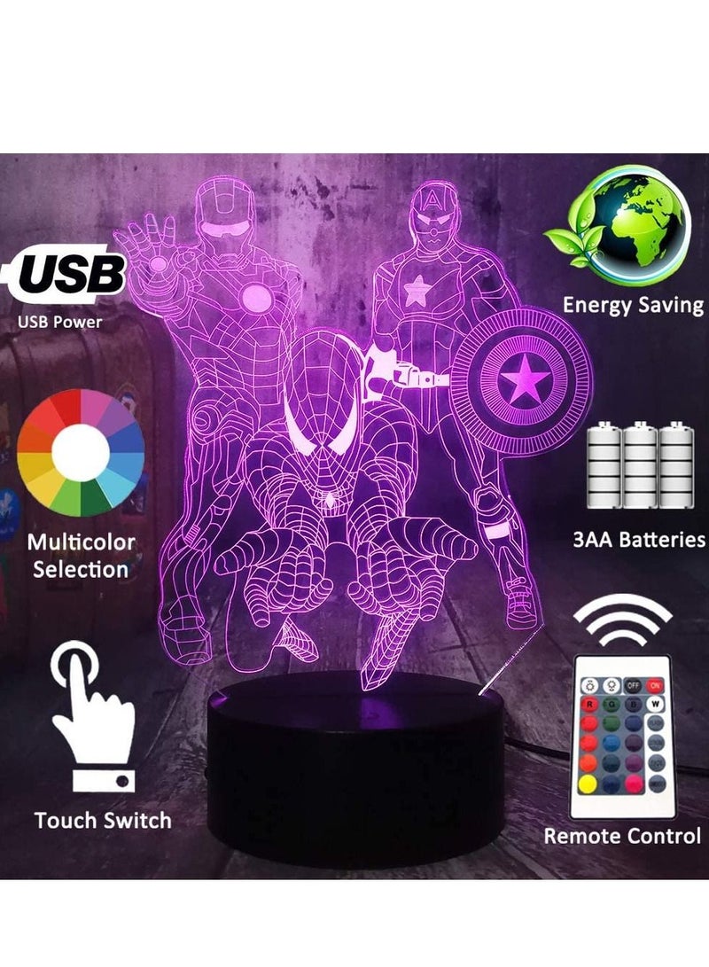 althiqahkey The Avengers Marvel Comics Iron Man Spiderman Captain America 3D Optical Illusion LED Night Light Boy Kids Toy Baby Sleep Desk Lamp Bedroom Decor Birthday Valentine's Day Gift(The Avengers) - Image 4