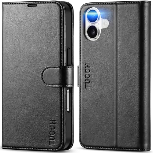 TUCCH Compatible with iPhone 16 Wallet Case, RFID Blocking 4 Card Holder Kickstand [Shockproof TPU Interior Shell], PU Leather Magnetic Closure Protective Flip Phone Cover, Black - Image 1