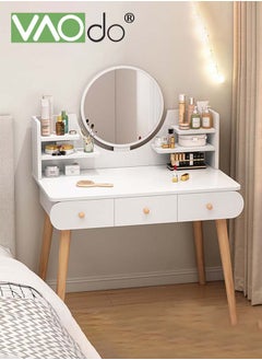 VAOdo Vanity Desk with 3 Drawers 100CM Modern Writing Desk with Mirror and Countertop with Storage Rack Makeup Dressing Table White  - Image 1