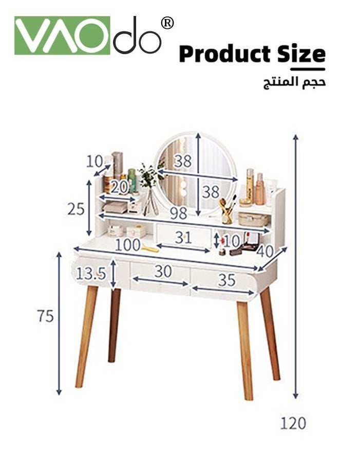 فاو دو - مكتب الغرور مع 3 أدراج 100 سم مكتب كتابة حديث مع مرآة وسطح عمل مع رف تخزين وطاولة تزيين المكياج باللون الأبيض - Image 1
