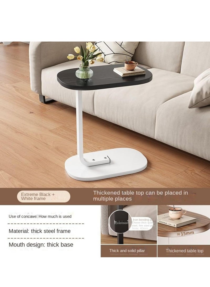 C-shaped Sofa Mobile Side Table, End Table with Storage Bag and Roller, C-shaped Small Side Table, Sofa TV Tray Table, Living Room, Bedroom, Bedside (Black+White Frame)