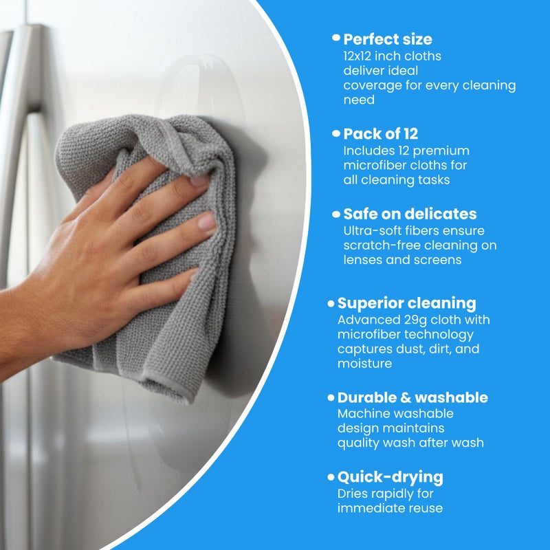 Miraclean Microfiber Cleaning Cloth Grey 12 Pack Premium Microfiber Towels for Cars, Lint Free, Scratch-Free, Highly Absorbent, Reusable Cleaning Rags for Car, 320 GSM Household, Kitchen, Window, 12" x 12" - Image 3