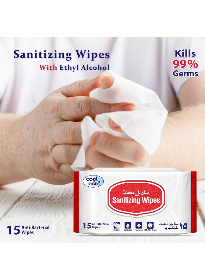 Cool & Cool Sanitizing Wipes - 15'S - Antibacterial Skin Wipes With Vitamin E,Kills 99.9% Germs,Convenient For Use,Aloe Vera Gel & Herb Extract,Moisturizing And Nourishing - Image 3