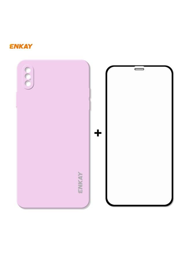 Case For iPhone XS Max ENK-PC0722 Hat-Prince Liquid Silicone Straight Edge Shockproof Protective Case + 0.26mm 9H 2.5D Full Glue Full Screen Tempered Glass Film