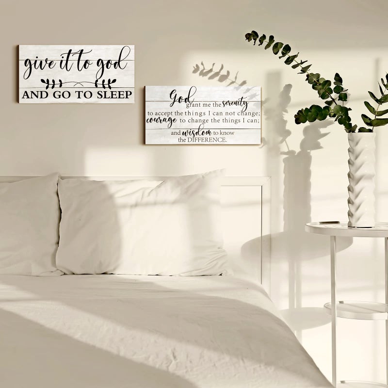 Chunful 2 Pcs Bedroom Wall Decor Give It to God and Go to Sleep Sign Serenity Prayer Sign Farmhouse Wall Art Vintage Prayer Wall Art Above Bed Rustic Bedroom Wall Decor for Bedroom Home(Simple Style)  - Image 2