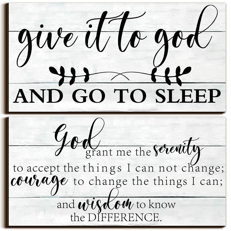 Chunful 2 Pcs Bedroom Wall Decor Give It to God and Go to Sleep Sign Serenity Prayer Sign Farmhouse Wall Art Vintage Prayer Wall Art Above Bed Rustic Bedroom Wall Decor for Bedroom Home(Simple Style)  - Image 1