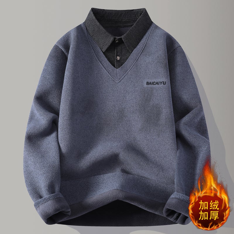 Cardigan Gray Blue Shirt Collar Sweater for Men's Winter Faux Two-piece Integrated Fleece Warm Knitwear Thickened