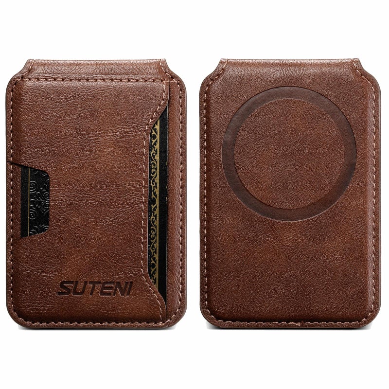 Suteni S3 Cowhide Textured Magsafe Magnetic Card Case(Brown) - Image 1