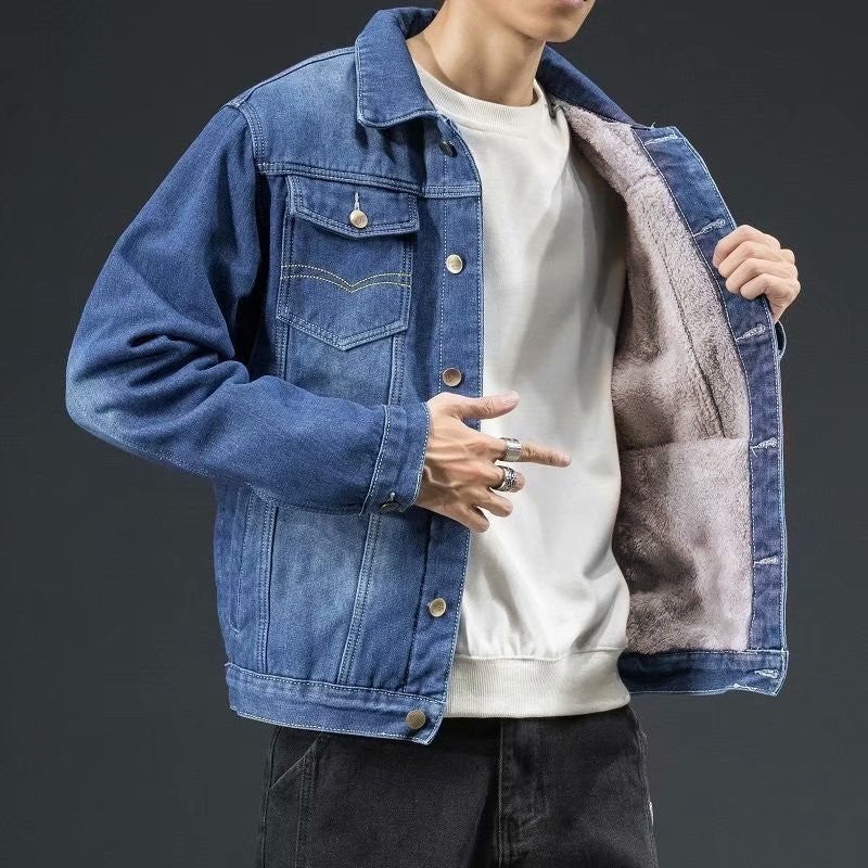 Denim Jacket Mens Korean-style Fashionable Autumn and Winter fleece-lined Thickened Loose Fashionable Brand Brand New Style Handsome Jacket Warm Work Jacket Blue fleece-lined Four-Pocket Coat