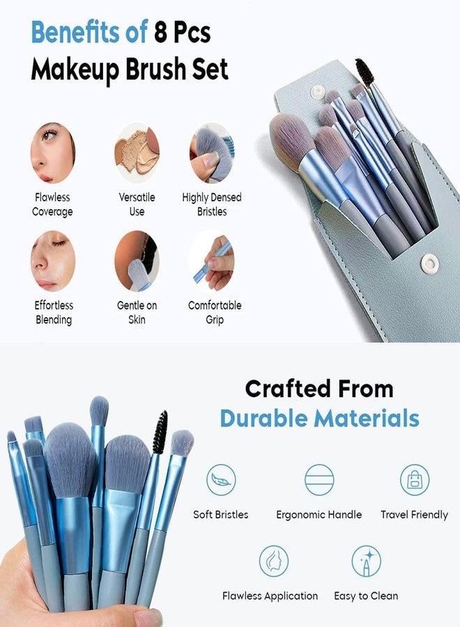TryColor 8-Piece Makeup Brush Set with Travel Pouch, for Powder, Foundation, Eyeshadow, Eyebrow, and Lip Application - Image 3