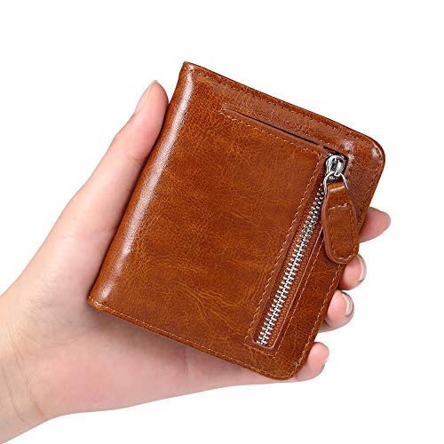 FT FUNTOR محفظة جلدية فانتور للنساء، محفظة صغيرة مدمجة بجيب مزدوج مع خاصية حجب RFID للنساء، بنية معالجة بالشمع - Image 4