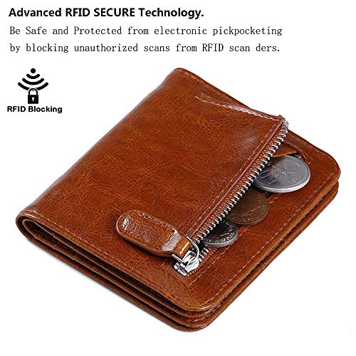 FT FUNTOR محفظة جلدية فانتور للنساء، محفظة صغيرة مدمجة بجيب مزدوج مع خاصية حجب RFID للنساء، بنية معالجة بالشمع - Image 3
