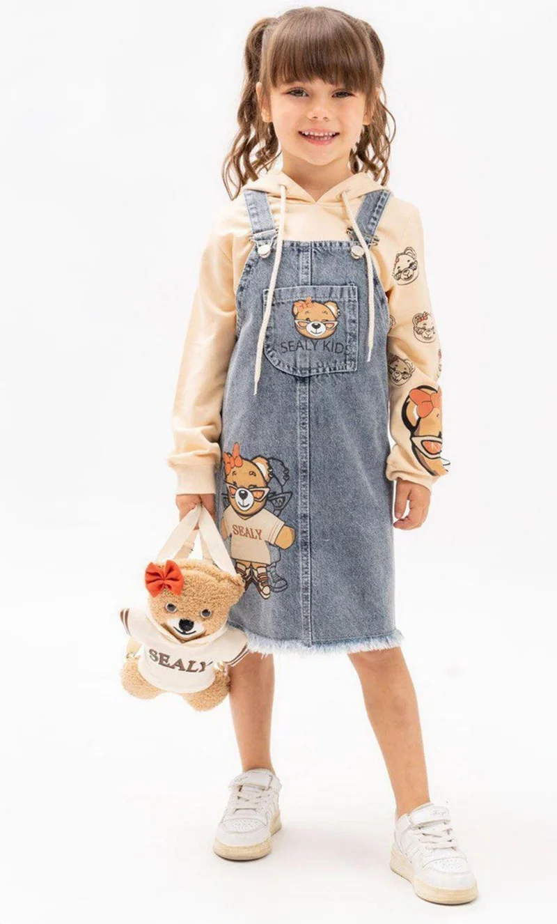 مينيمن جيجيليري My Little Ones Bear Pocket Denim Overalls Girl 3 Piece Set with Bag - Camel