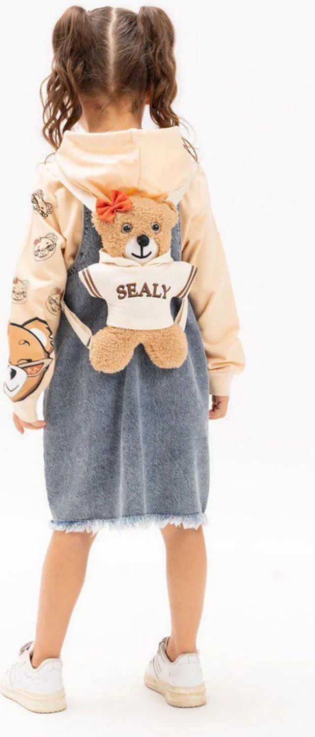 مينيمن جيجيليري My Little Ones Bear Pocket Denim Overalls Girl 3 Piece Set with Bag - Camel