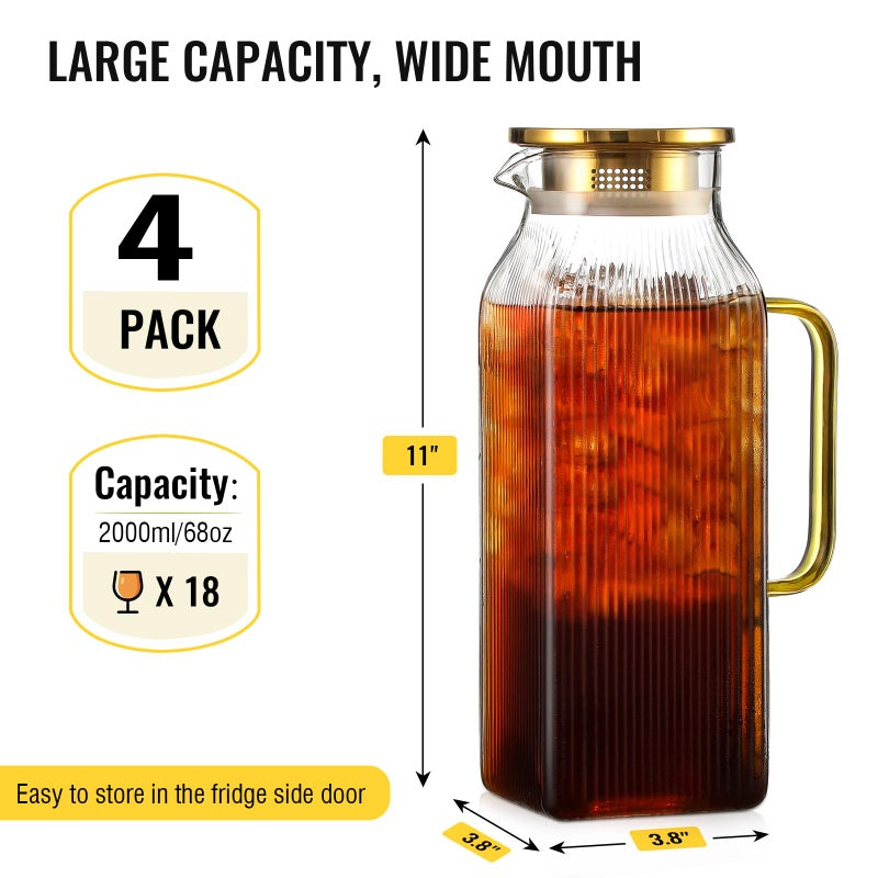 Snuvid 4 Pack 2 Liter/68 oz Square Glass Pitcher with Lid, Classic Stripes Water Pitchers with Handle for Fridge, Large Jug for Iced Tea, Coffee, Borosilicate Glass Carafe for Hot/Cold Brew Drink, Gold - Image 2