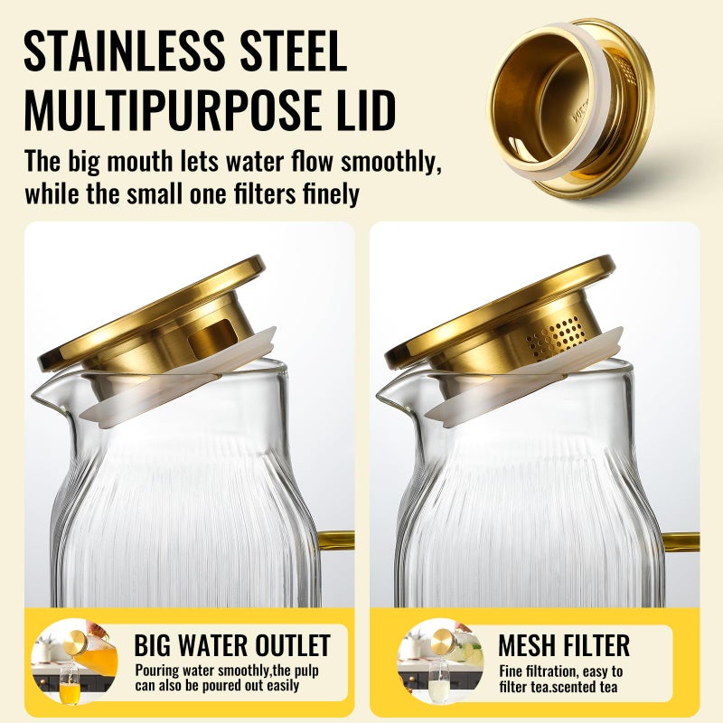 Snuvid 4 Pack 2 Liter/68 oz Square Glass Pitcher with Lid, Classic Stripes Water Pitchers with Handle for Fridge, Large Jug for Iced Tea, Coffee, Borosilicate Glass Carafe for Hot/Cold Brew Drink, Gold - Image 5