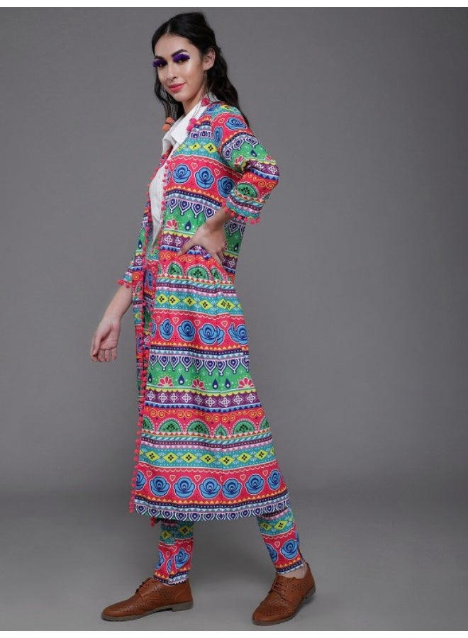 AKS Multicolor Floral Printed Jacket With Pom-Pom Lace - Image 4