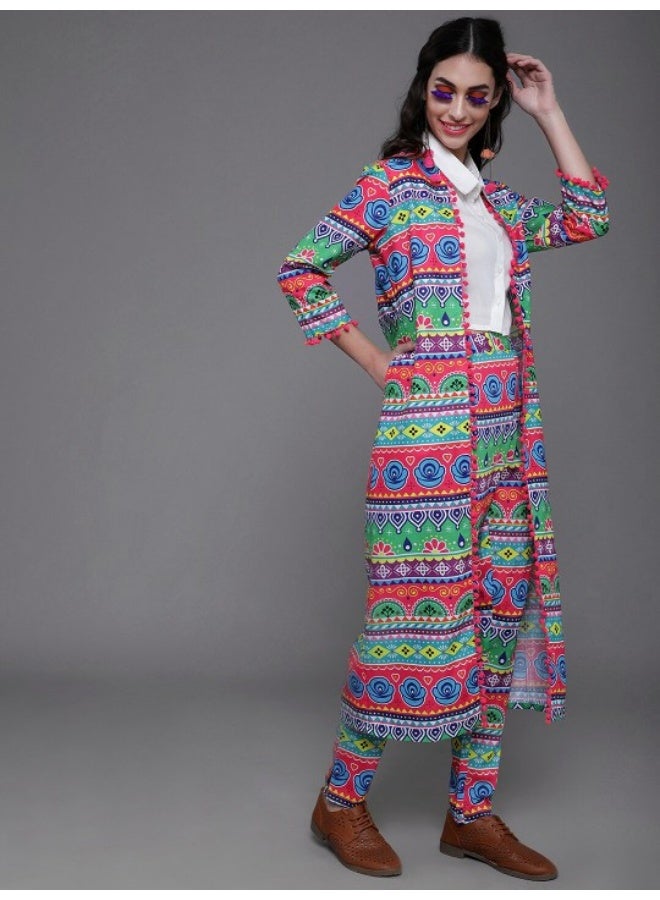 AKS Multicolor Floral Printed Jacket With Pom-Pom Lace - Image 3