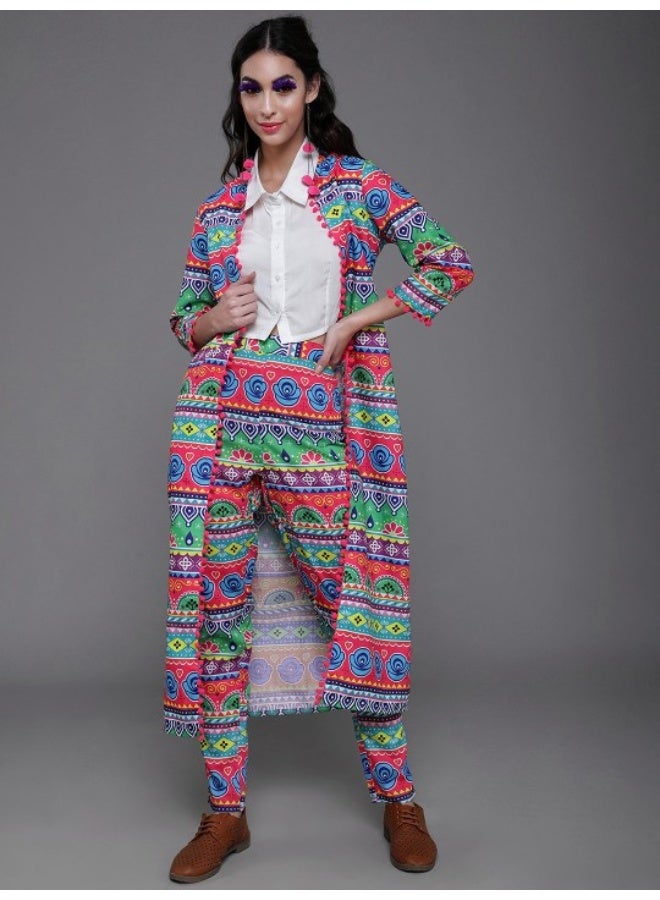 AKS Multicolor Floral Printed Jacket With Pom-Pom Lace - Image 1