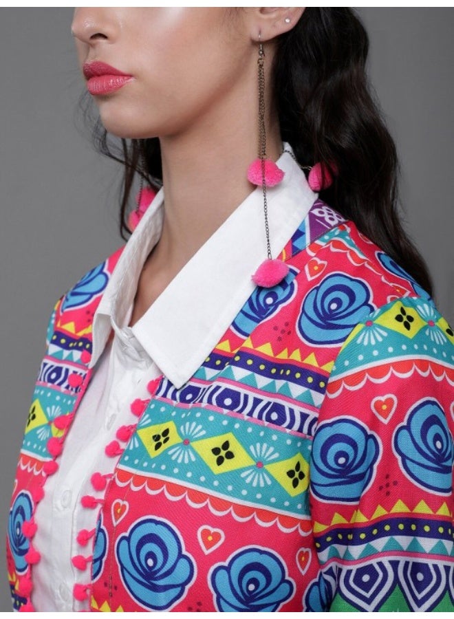 AKS Multicolor Floral Printed Jacket With Pom-Pom Lace - Image 2