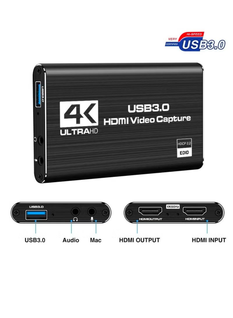 بطاقة التقاط الصوت والفيديو، HDMI USB3.0 4K 1080P 60fps محول فيديو محمول موثوق به لبث الألعاب والبث المباشر وتسجيل الفيديو، أسود - Image 4