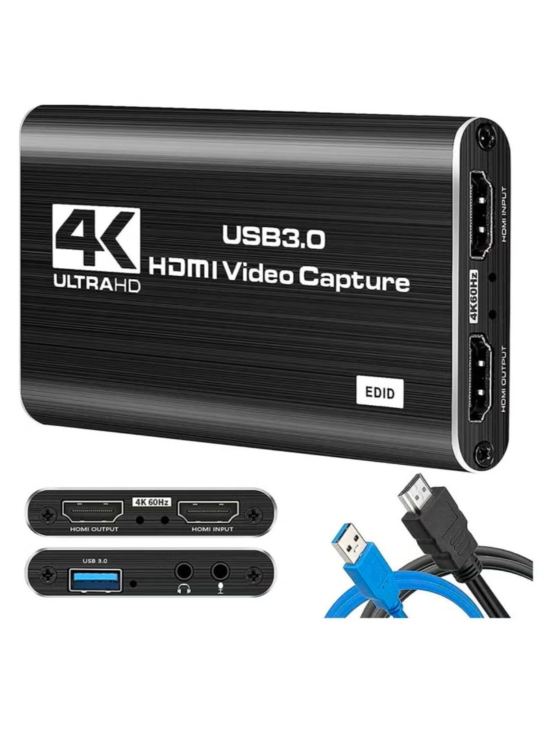 بطاقة التقاط الصوت والفيديو، HDMI USB3.0 4K 1080P 60fps محول فيديو محمول موثوق به لبث الألعاب والبث المباشر وتسجيل الفيديو، أسود - Image 1