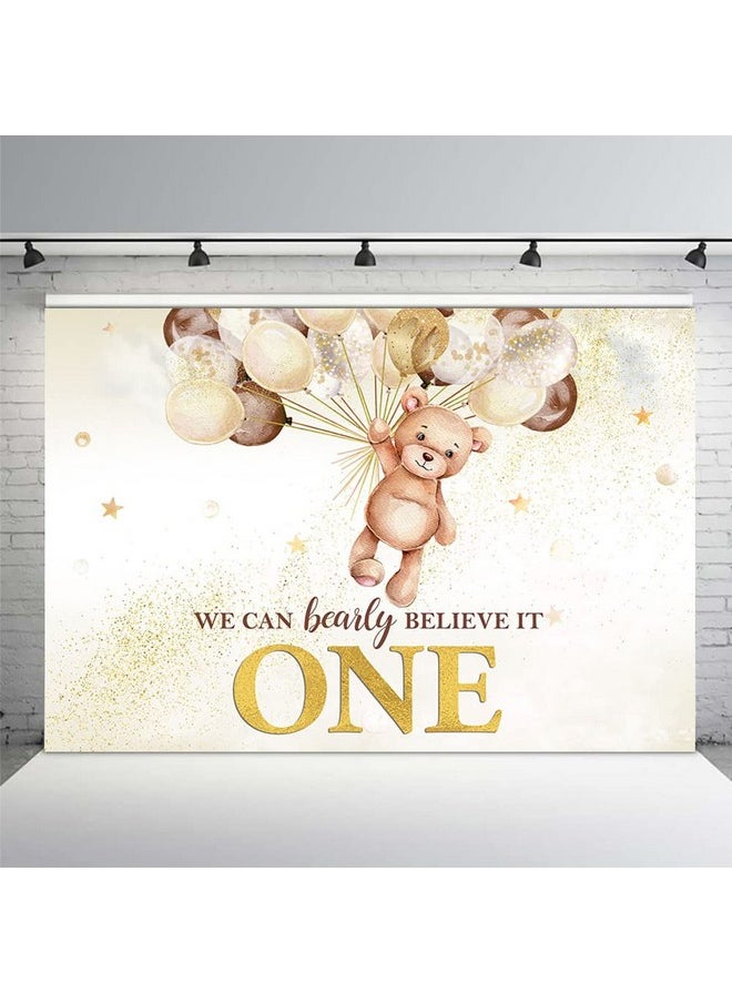 MEHOFOND Boy Girl 1St Birthday Bear Backdrop We Can Bearly Believe It One Happy First Birthday Banner Decorations Photography Background Kids Portrait Cake Table Supplies 7X5Ft  - Image 1