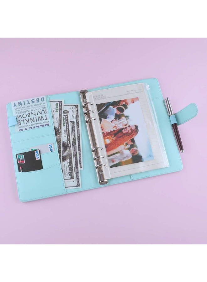 Antner A5 Notebook Binder 6 Ring Refillable Budget Planner Cover for Cash Organizer, PU Leather Loose Leaf Photocard Holder Aesthetic Binder with Magnetic Buckle for A5 Planner Inserts, Mint Blue - Image 3