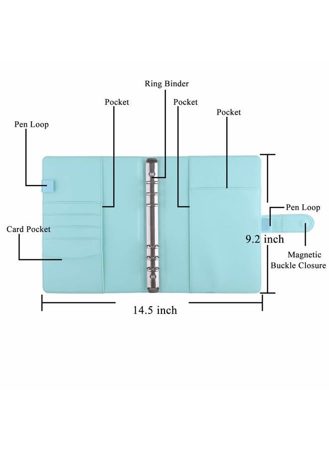 Antner A5 Notebook Binder 6 Ring Refillable Budget Planner Cover for Cash Organizer, PU Leather Loose Leaf Photocard Holder Aesthetic Binder with Magnetic Buckle for A5 Planner Inserts, Mint Blue - Image 2