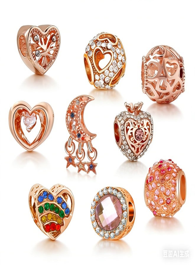 Acrobious 9PCS European Charms Beads Pendant For Bracelet, Charms DIY Bracelets Necklace Jewellery Gift for Birthday Valentine's Day Party Christmas Mother's Day Rose Gold Heart Flower rainbow crown moon star - Image 1