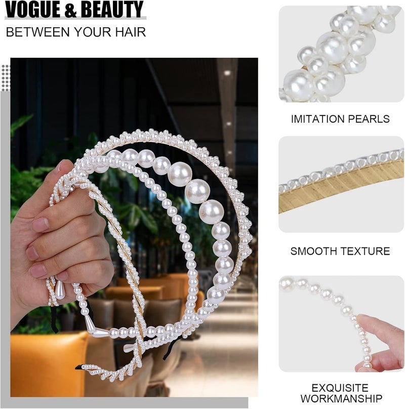 BEAYFILY Flexible trendy construction 4 Pack Pearls Fashion Headbands,White Artificial Pearl Rhinestones Hairbands,Bridal Hair Hoop Party Wedding Hair Accessories for Women Girls Anti slip - Image 2