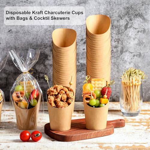 WixiTool Disposable Charcuterie Cups 60 PCS with 200PCS Sticks and 60PCS Bags, 14 oz Kraft Paper Snack Boxes Appetizers Cup French Fry Holder with Cocktail Skewers Toothpicks Tooth Picks, Brown - Image 3