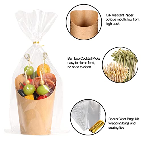 WixiTool Disposable Charcuterie Cups 60 PCS with 200PCS Sticks and 60PCS Bags, 14 oz Kraft Paper Snack Boxes Appetizers Cup French Fry Holder with Cocktail Skewers Toothpicks Tooth Picks, Brown - Image 4